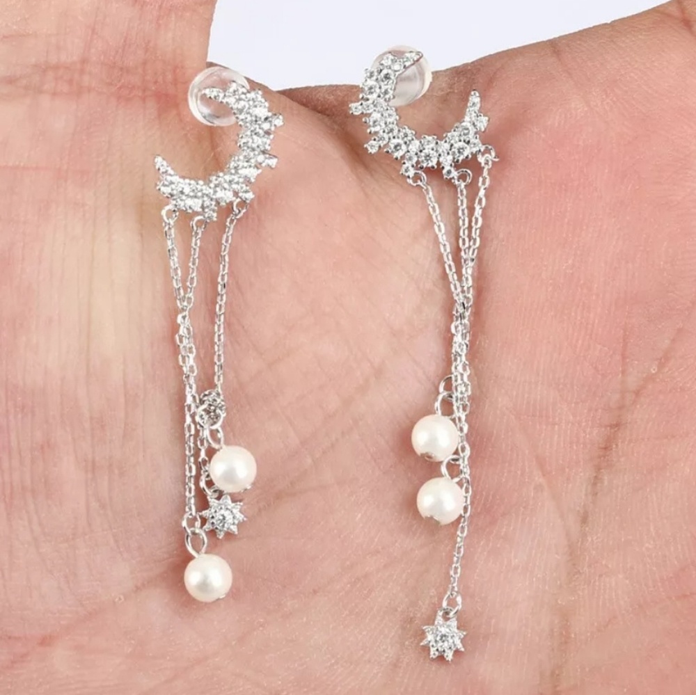 Moon & stars white Topaz & pearl dangle earrings
